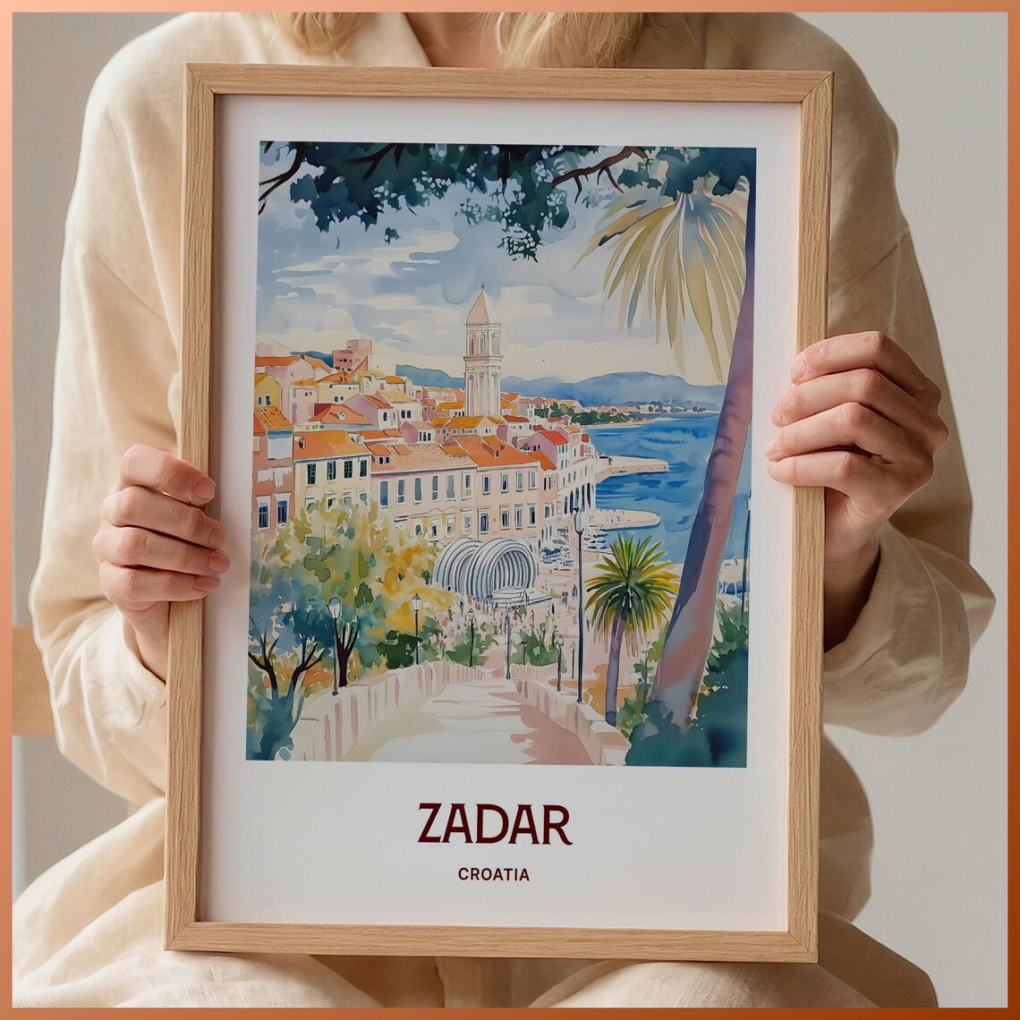Zadar Croatia Watercolor Coastal Old Town Harbor Travel Poster