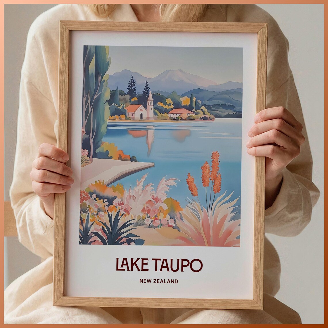Lake Taupo New Zealand Lakeside Church Mountain Travel Poster