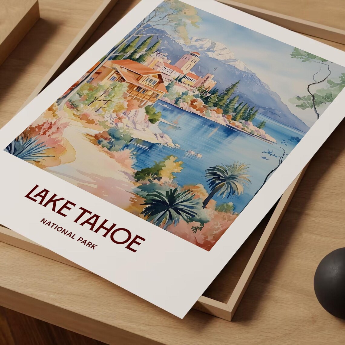 Serene Lake Tahoe Lakeside Lodge Mountain Watercolor Travel Poster - Image 2