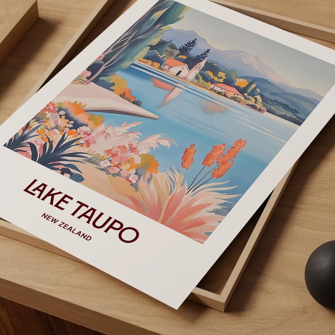 Lake Taupo New Zealand Lakeside Church Mountain Travel Poster - Image 2