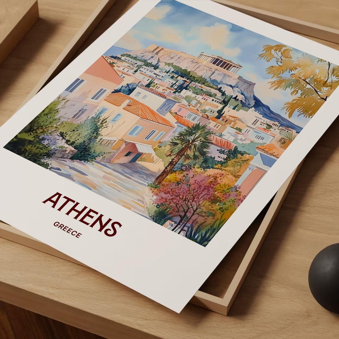 Athens Greece Acropolis Parthenon Watercolor Travel Poster Plaka - Image 2