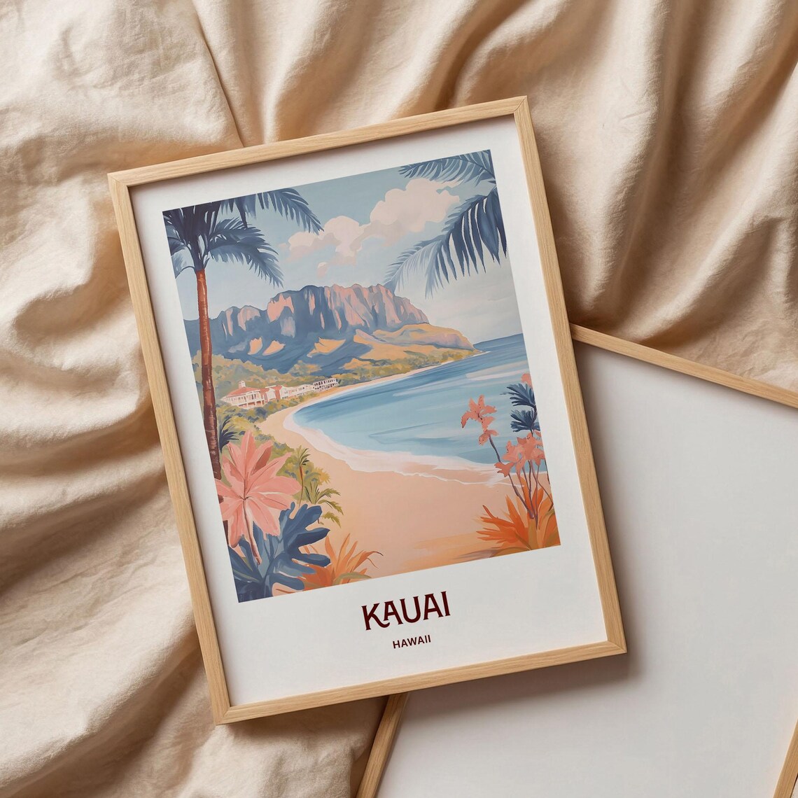 Kauai Hawaii Beach Palms Mountain Coast Tropical Watercolor Travel Poster - Image 3