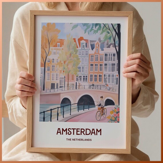 Amsterdam Netherlands Canal Bridge Cyclist Tulip Pastel Poster