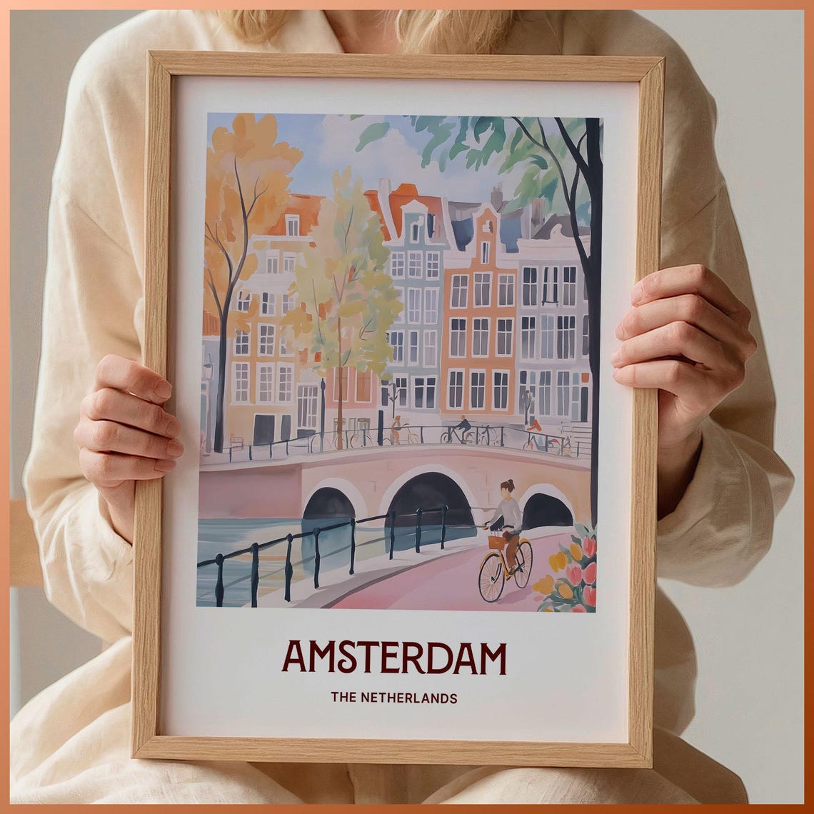 Amsterdam Netherlands Canal Bridge Cyclist Tulip Pastel Poster