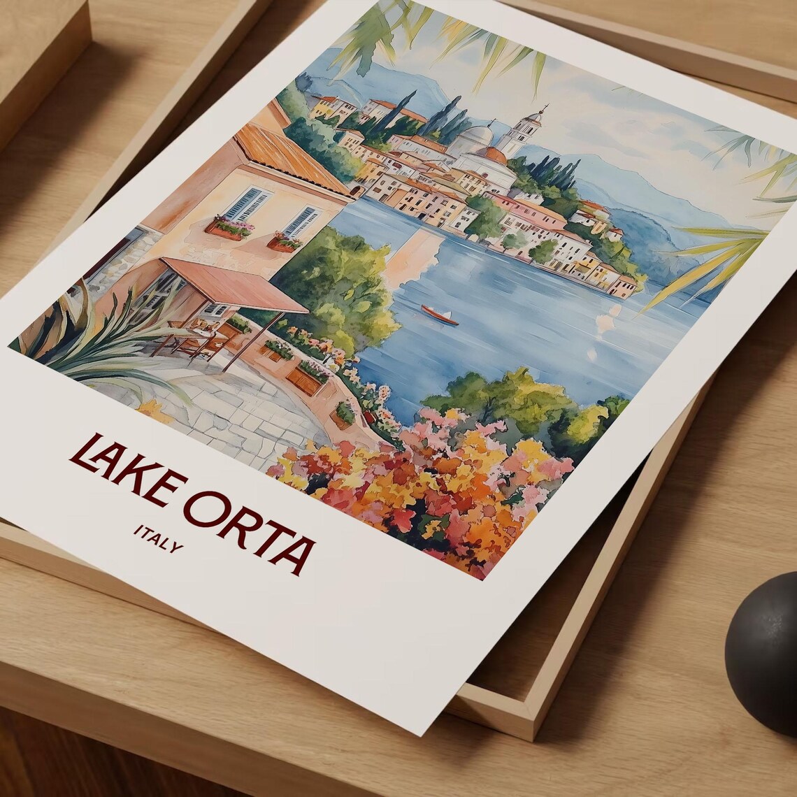 Lake Orta Italy Lakeside Town Bell Tower Boat Watercolor Travel Poster - Image 2