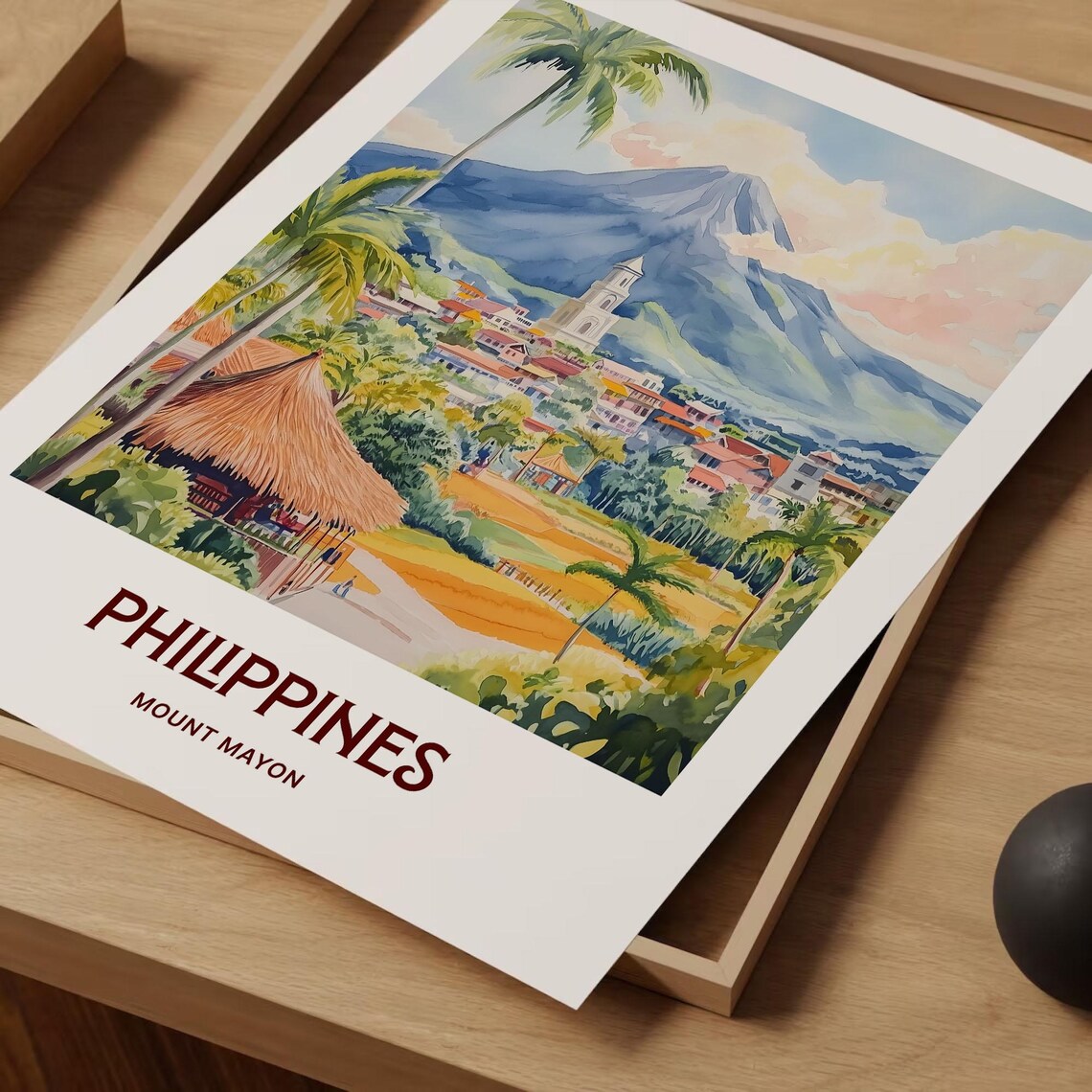 Philippines Mount Mayon Volcano Town Watercolor Travel Poster - Image 2