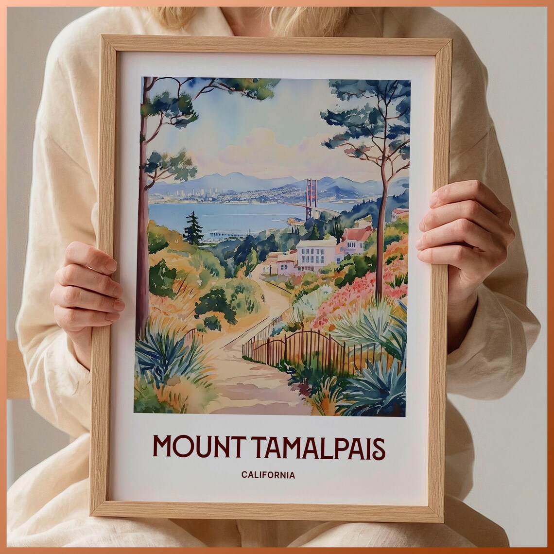 Mount Tamalpais California Golden Gate Watercolor Travel Poster Bay