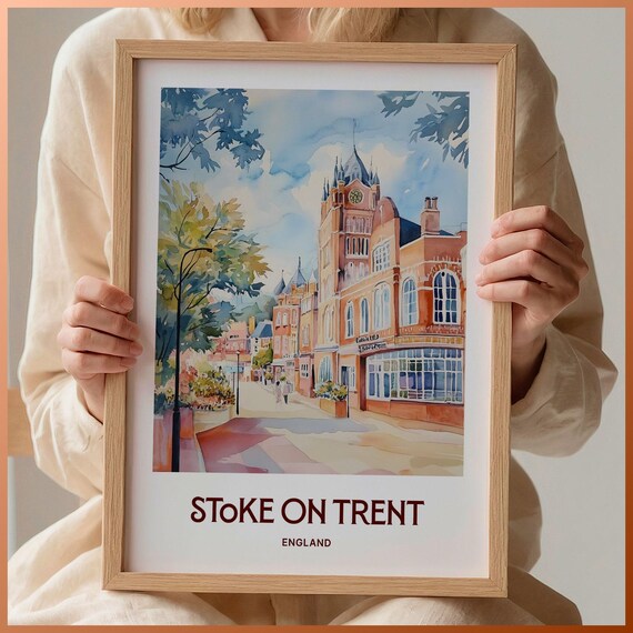 Stoke on Trent England Watercolor Red Brick Street Clock Tower Poster