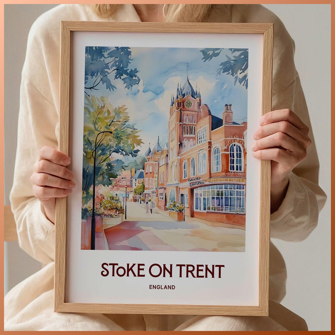 Stoke on Trent England Watercolor Red Brick Street Clock Tower Poster