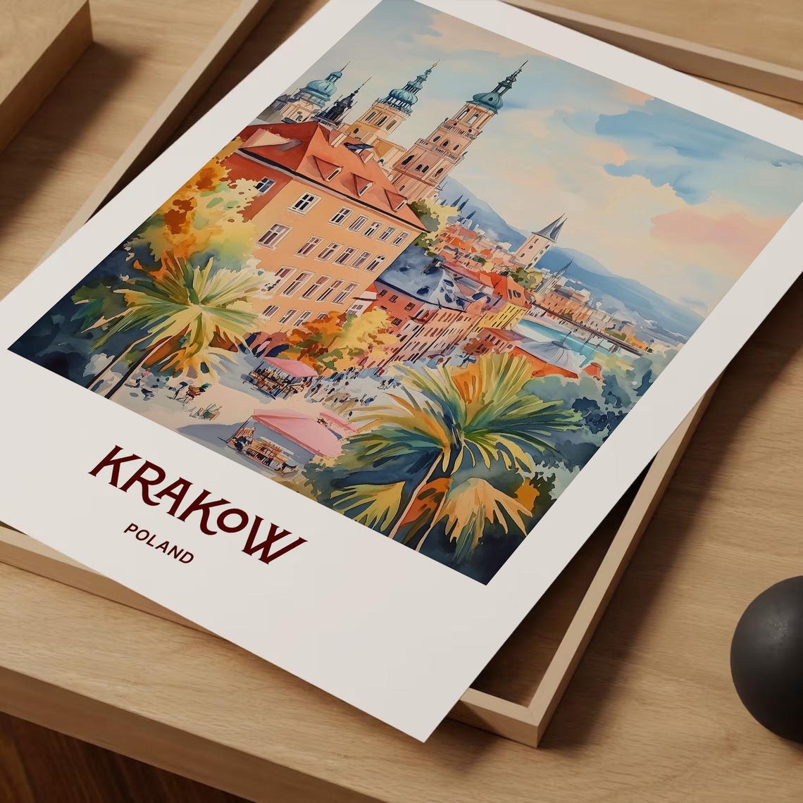 Krakow Old Town Church Domes Poland Watercolor Travel Poster - Image 2