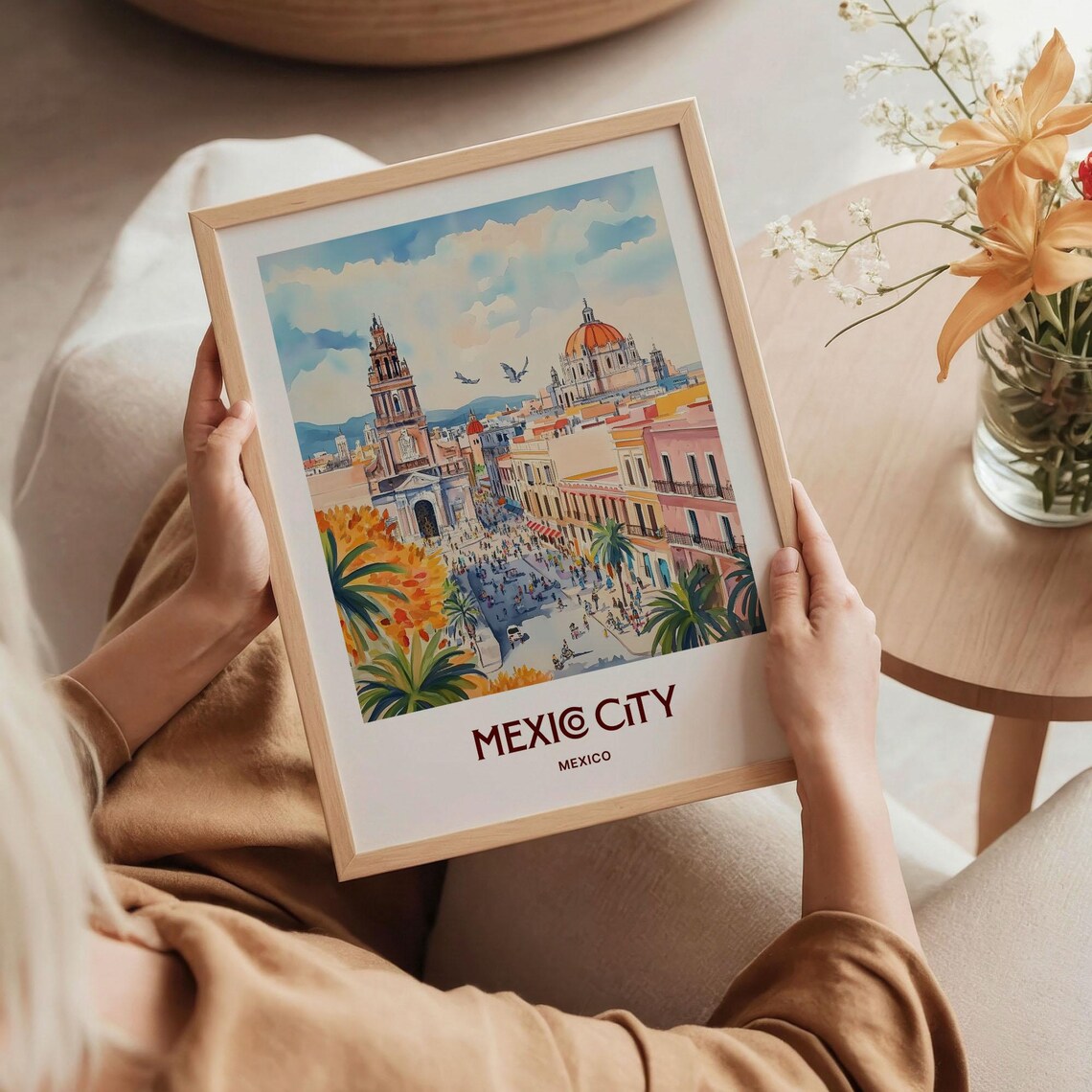 Mexico City Mexico Colonial Plaza Church Towers Watercolor Poster - Image 5