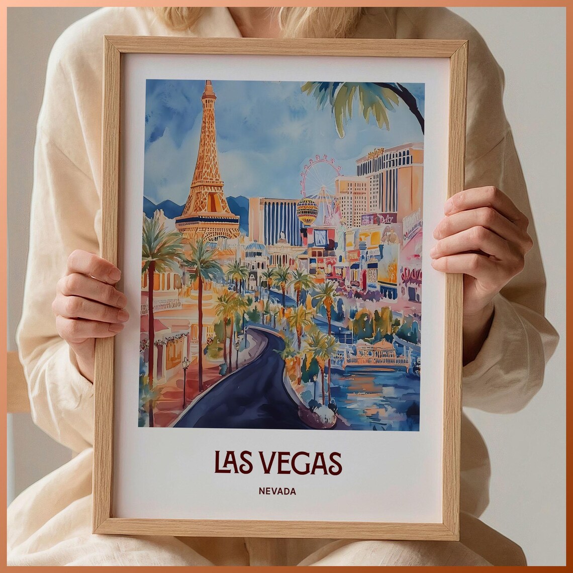 Las Vegas Nevada Paris Hotel Strip Palms Watercolor Travel Poster