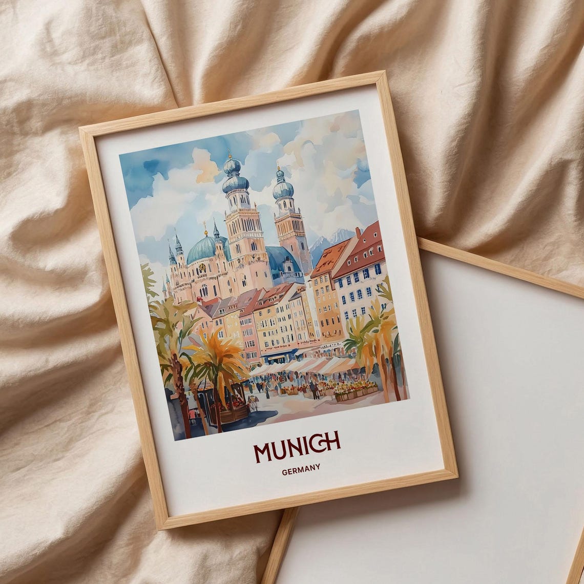 Munich Germany Old Town Watercolor Travel Poster Cathedral View - Image 3