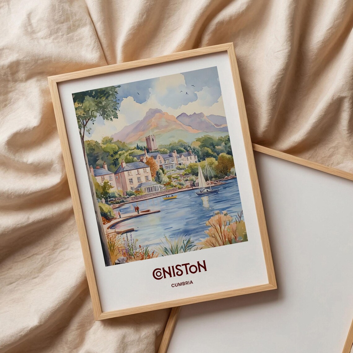 Coniston Cumbria Lake District Sailboat Watercolor Travel Poster Fells - Image 3