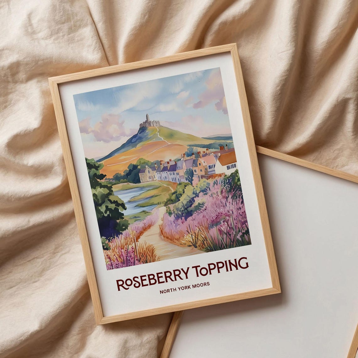 Roseberry Topping North York Moors Heather Watercolor Travel Poster - Image 3