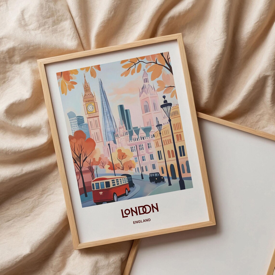 London England Autumn Street Big Ben Bus Skyline Travel Art Poster - Image 3