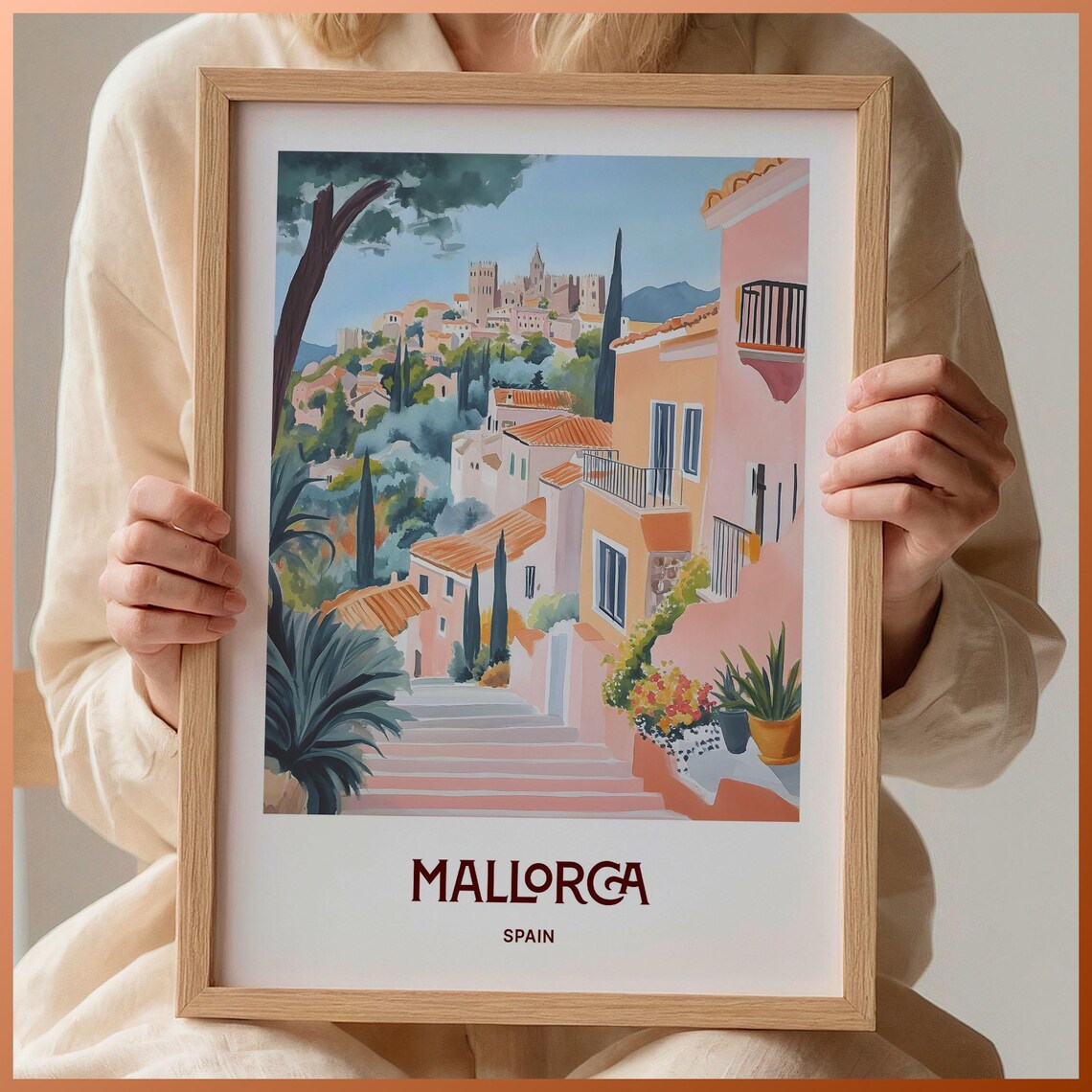 Mallorca Spain Hilltop Cathedral Old Town Watercolor Travel Poster