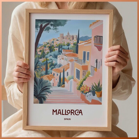 Mallorca Spain Hilltop Cathedral Old Town Watercolor Travel Poster