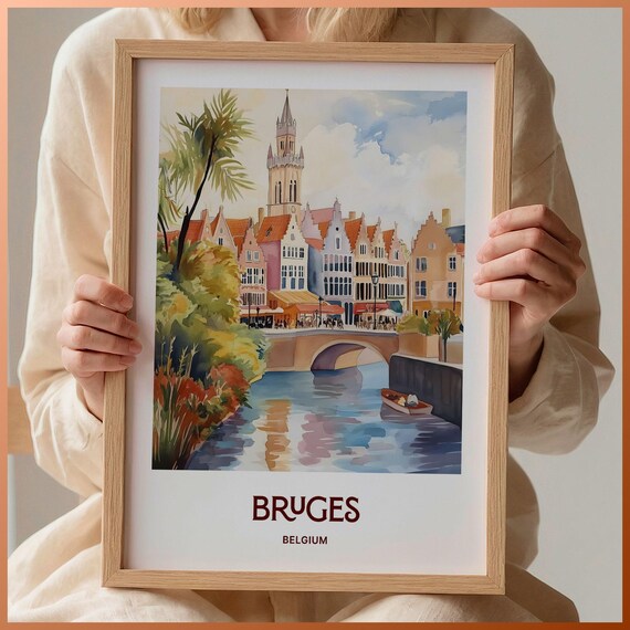 Bruges Belgium Canal Belfry Bridge Watercolor Vintage Travel Poster