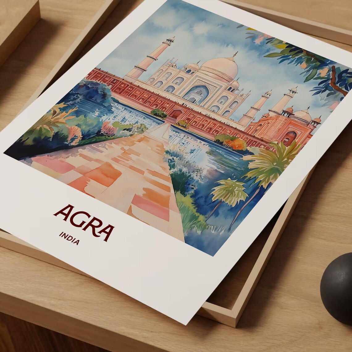 Agra India Taj Mahal Reflection Watercolor Iconic Landmark Travel Poster - Image 2