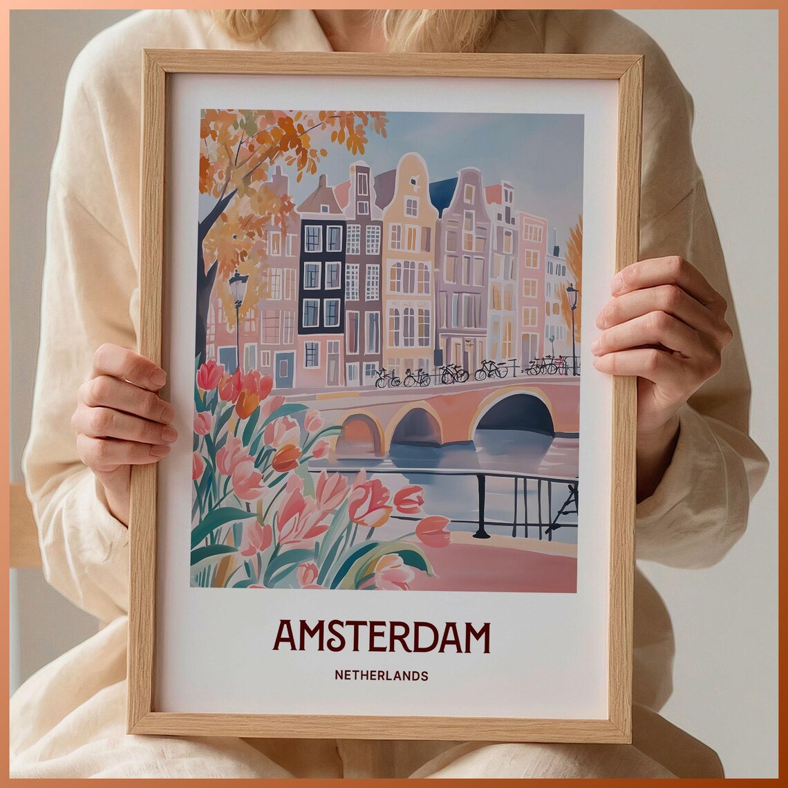 Amsterdam Netherlands Canal Tulips Bicycle Gabled Houses Travel Poster