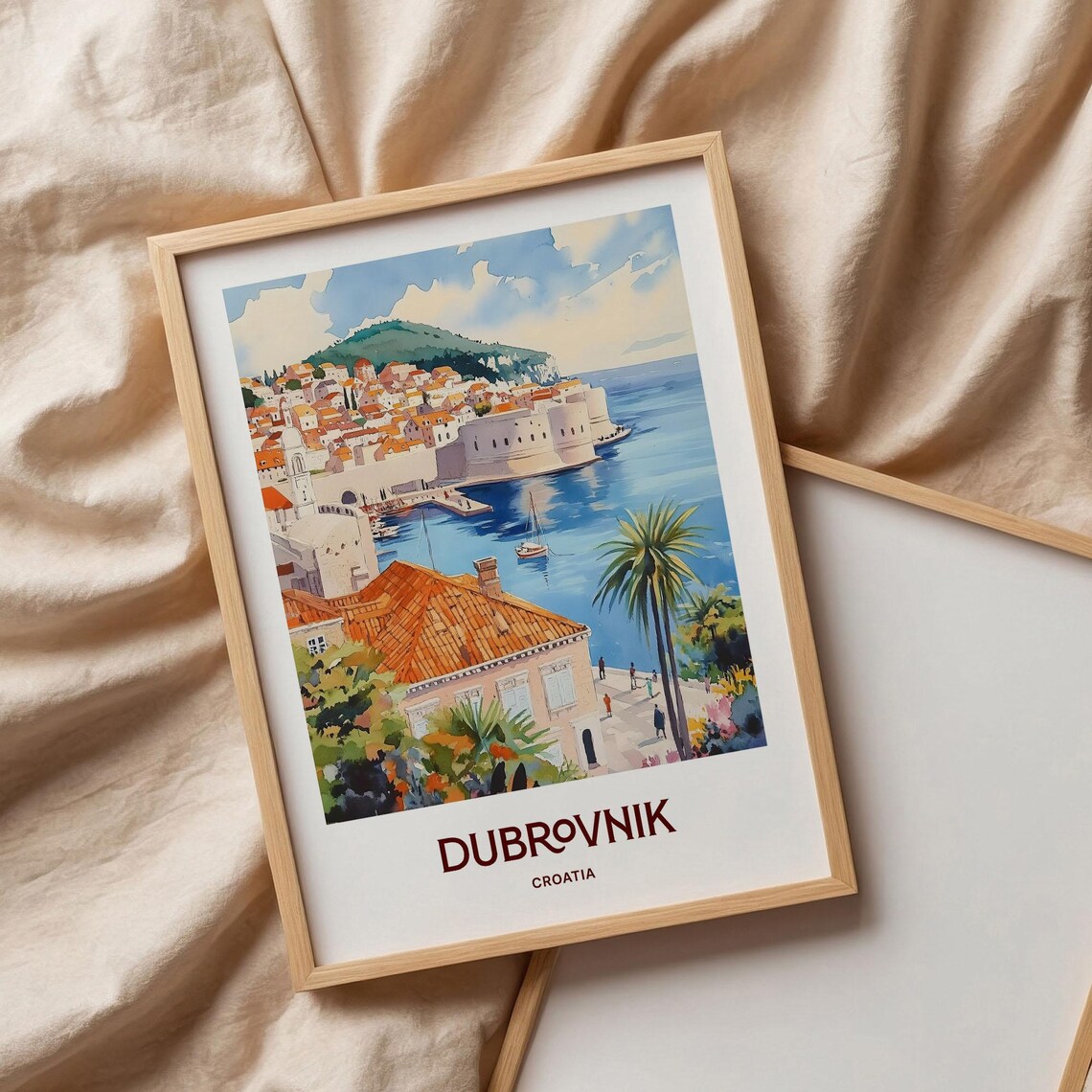Dubrovnik Croatia Adriatic Watercolor Walled Harbor Town Poster - Image 3