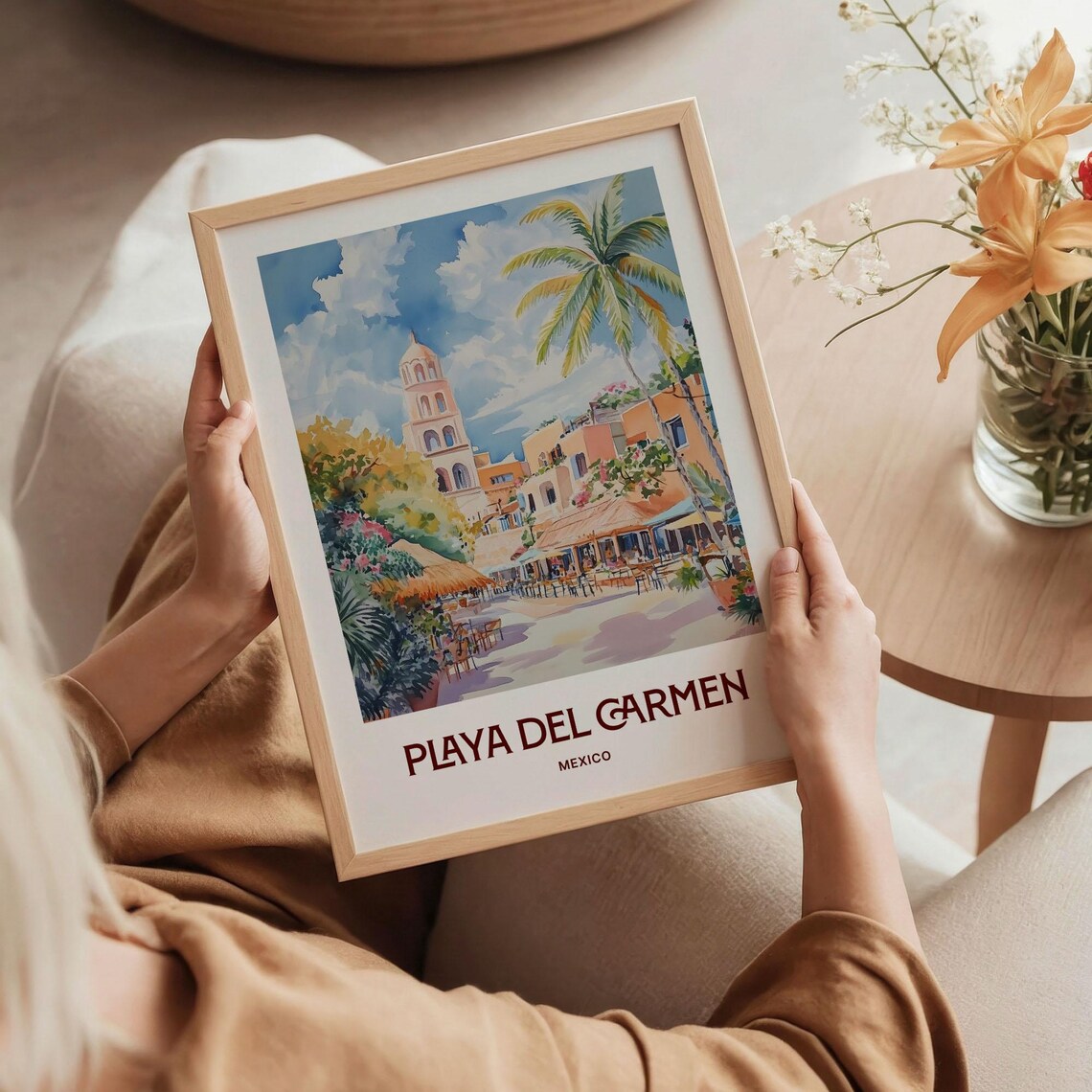 Playa Del Carmen Mexico Church Tower Palm Beach Watercolor Travel Poster - Image 5