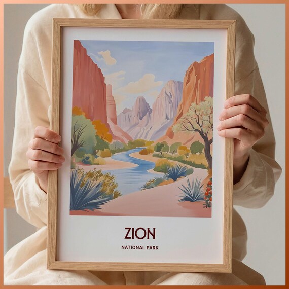 Zion National Park Utah Red Rock Canyon River Travel Art Poster