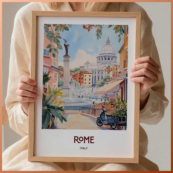 Rome Italy Pastel Vatican Basilica Street Scene Travel Poster
