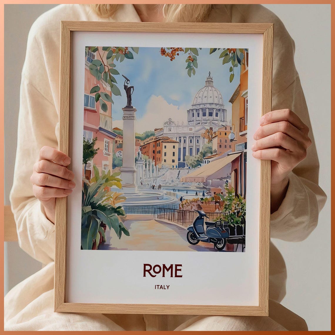 Rome Italy Pastel Vatican Basilica Street Scene Travel Poster