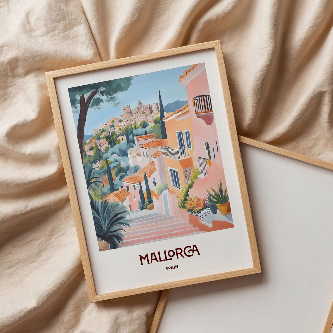 Mallorca Spain Hilltop Cathedral Old Town Watercolor Travel Poster - Image 3
