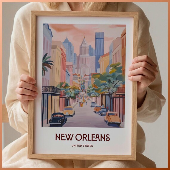New Orleans Louisiana Lively Street Scene Balconies Cars Poster