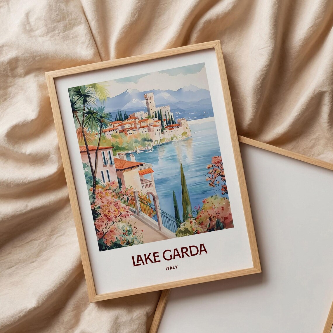 Lake Garda Italy Castle Lakeside Cypress Watercolor Travel Poster - Image 3