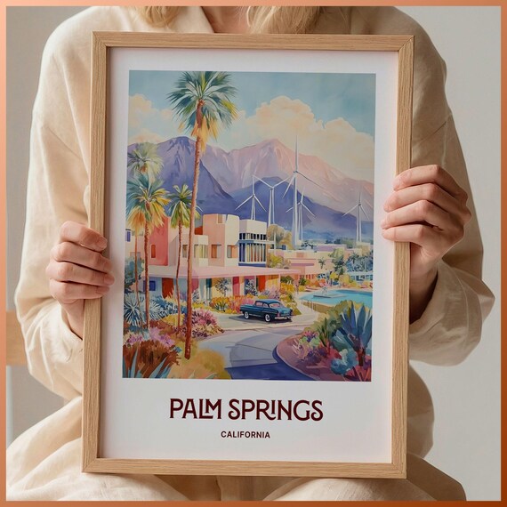 Palm Springs California Desert Oasis Watercolor Poster Retro Style