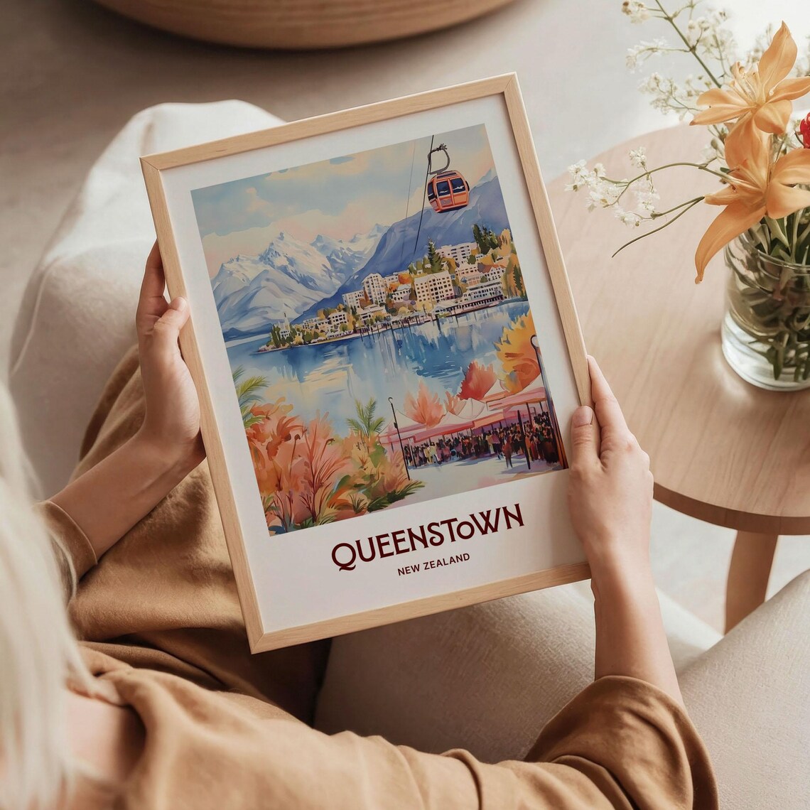 Queenstown New Zealand Watercolor Lake Gondola Mountains Town View Poster - Image 5