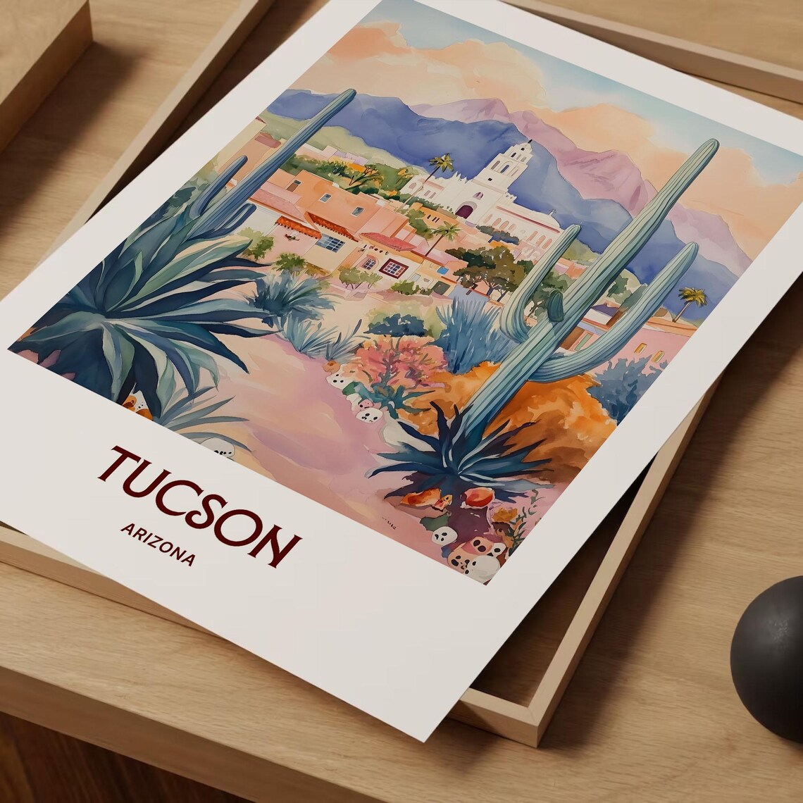 Tucson Desert Saguaro Mission Watercolor Arizona Travel Poster - Image 2