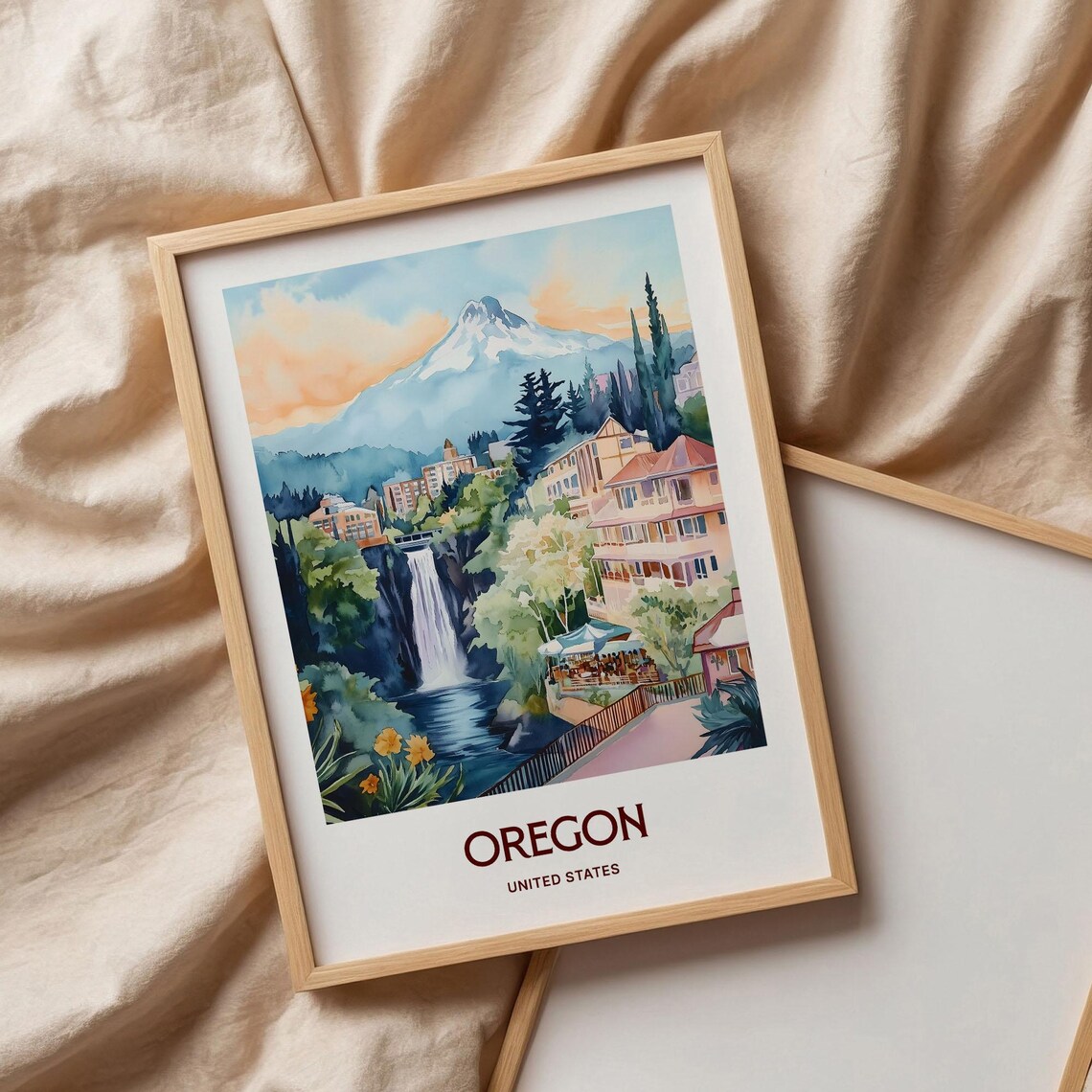 Oregon United States Waterfall Town Mountain Watercolor Travel Poster - Image 3