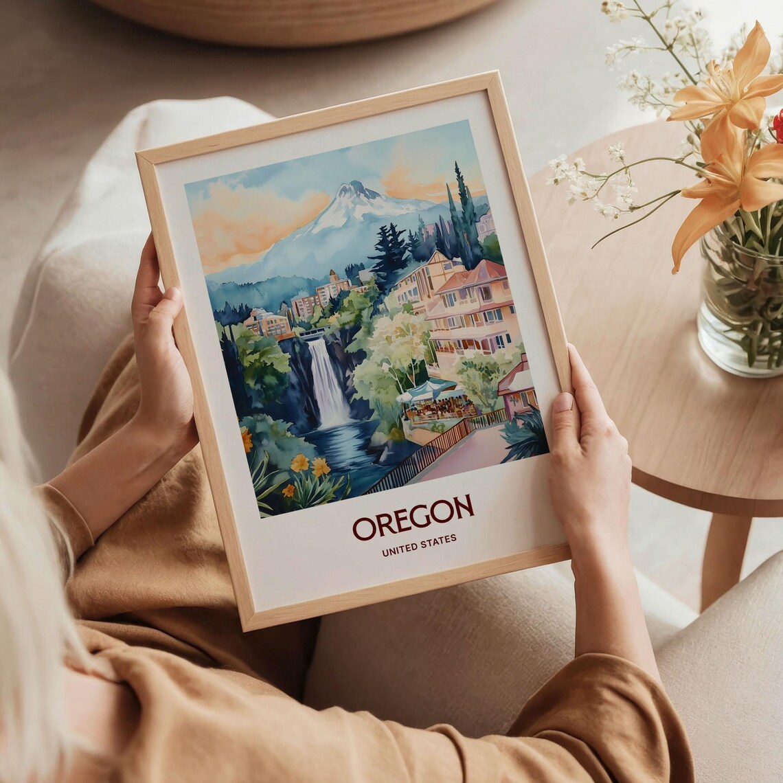 Oregon United States Waterfall Town Mountain Watercolor Travel Poster - Image 5
