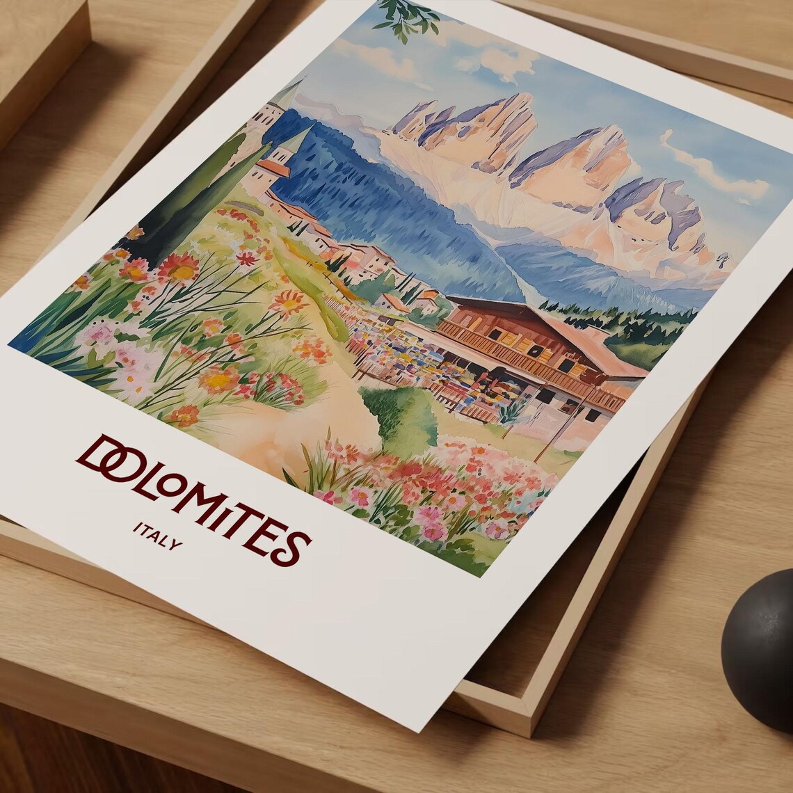 Dolomites Italy Alpine Village Jagged Peaks Watercolor Travel Poster - Image 2