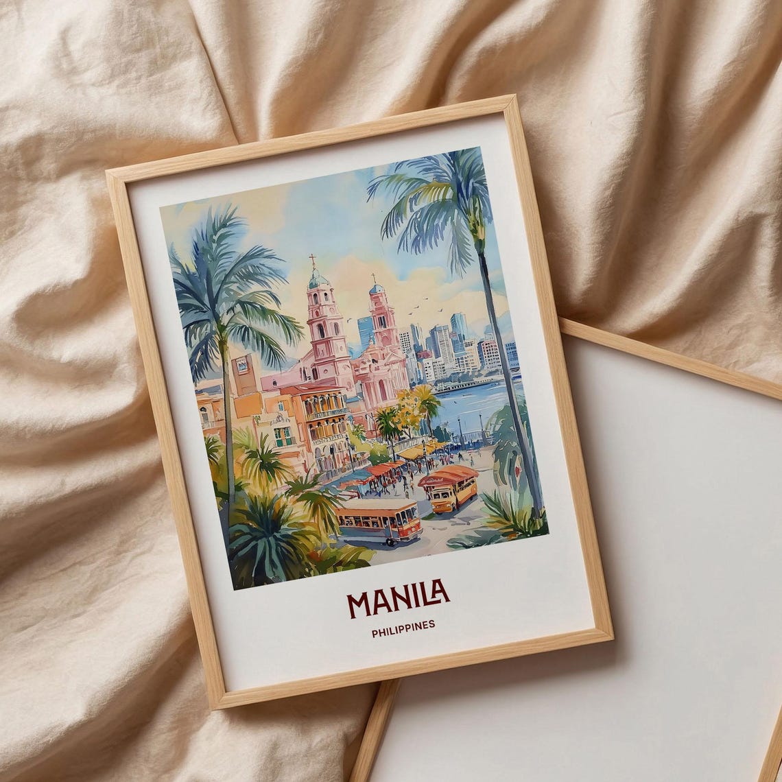 Manila Philippines Watercolor Waterfront Cathedral Scene Poster - Image 3