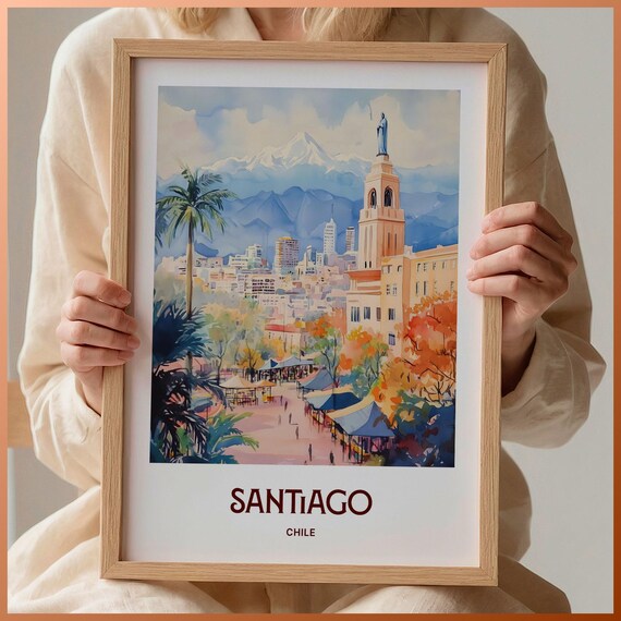 Santiago Chile Andes Mountain Cityscape Watercolor Travel Poster