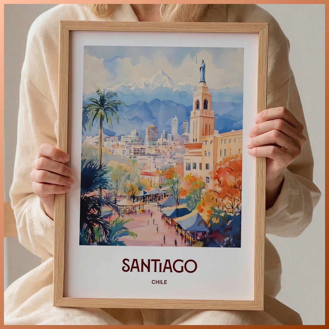 Santiago Chile Andes Mountain Cityscape Watercolor Travel Poster