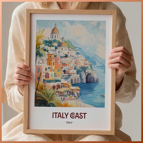 Italy Coast Cliffside Village Domes Watercolor Travel Poster Amalfi