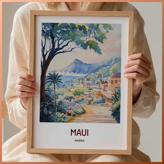 Maui Hawaii Coastal Town Mountain Palms Watercolor Travel Poster