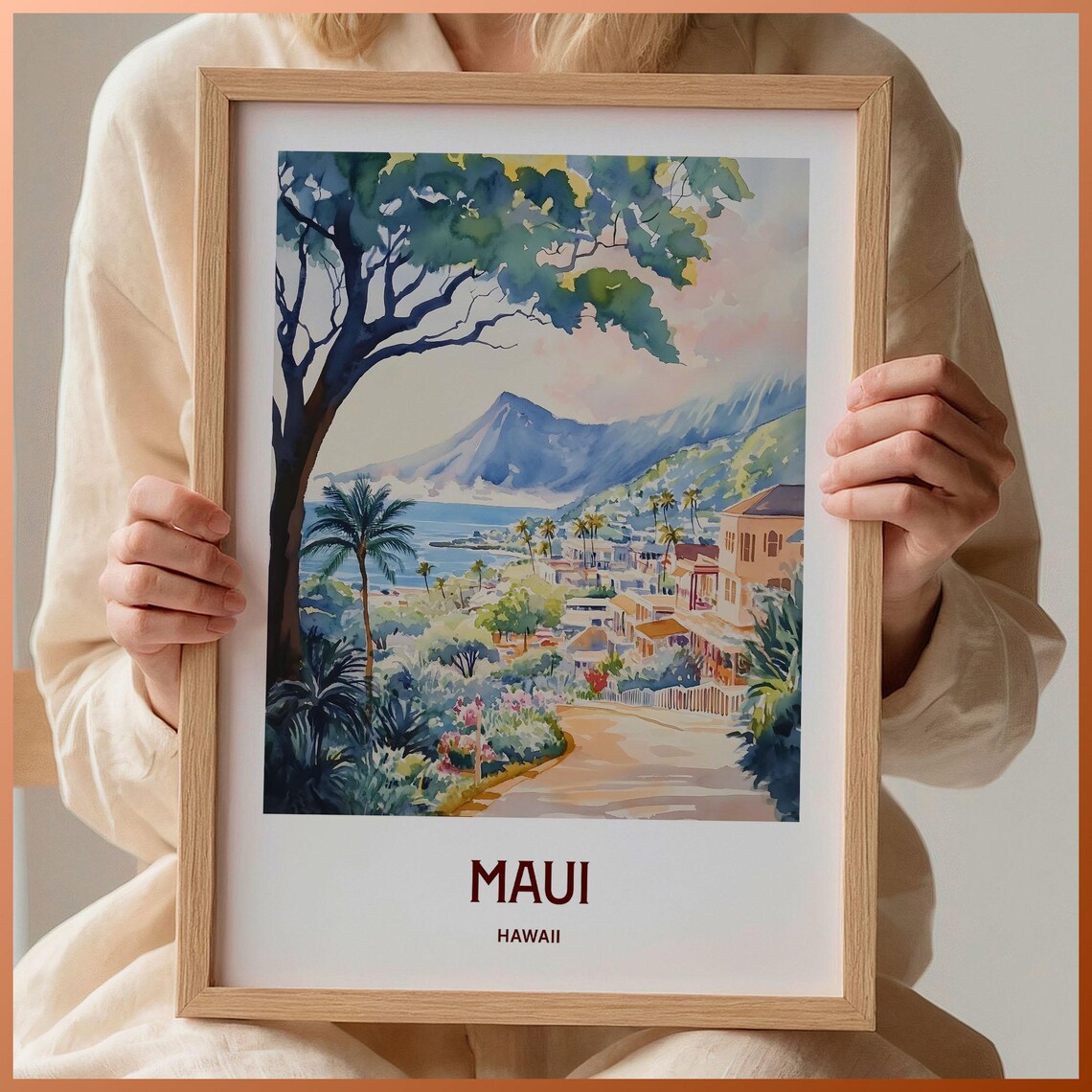 Maui Hawaii Coastal Town Mountain Palms Watercolor Travel Poster