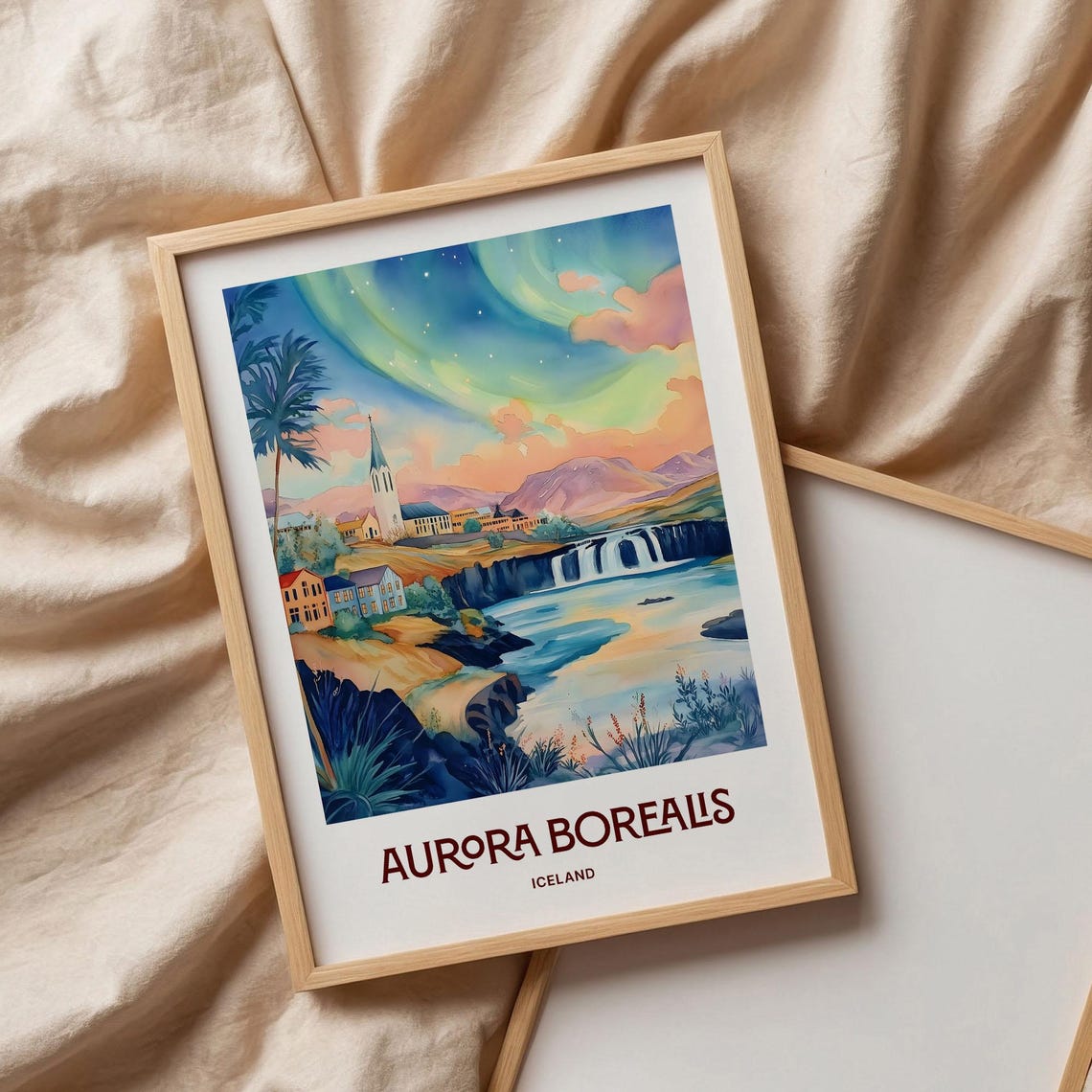 Aurora Borealis Iceland Northern Lights Watercolor Travel Poster - Image 3