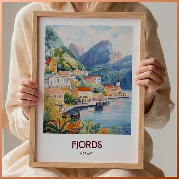 Fjords Norway Pastel Fjord Village Church Mountain Scene Poster