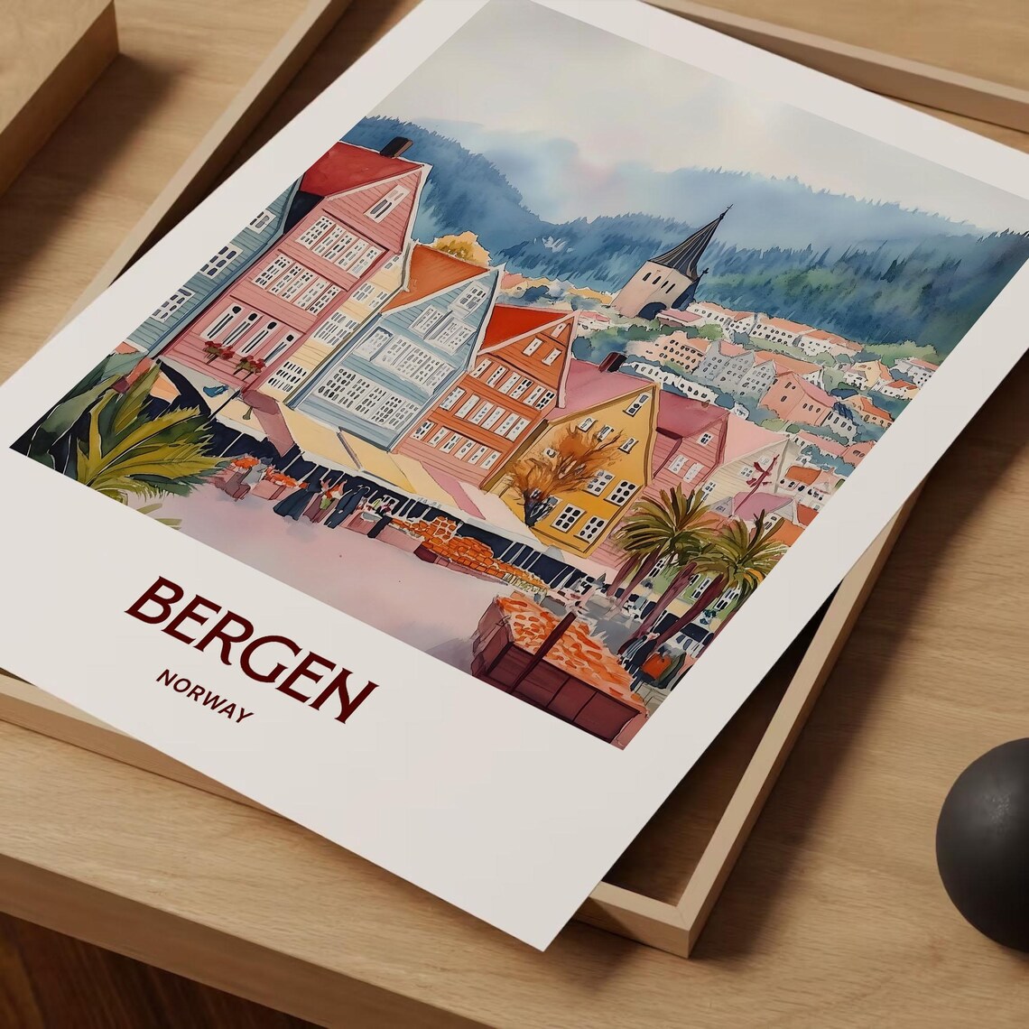 Bergen Bryggen Wharf Colorful Houses Norway Watercolor Poster - Image 2