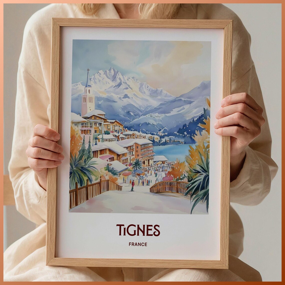 Tignes France Snowy Watercolor Alpine Ski Resort Village Poster