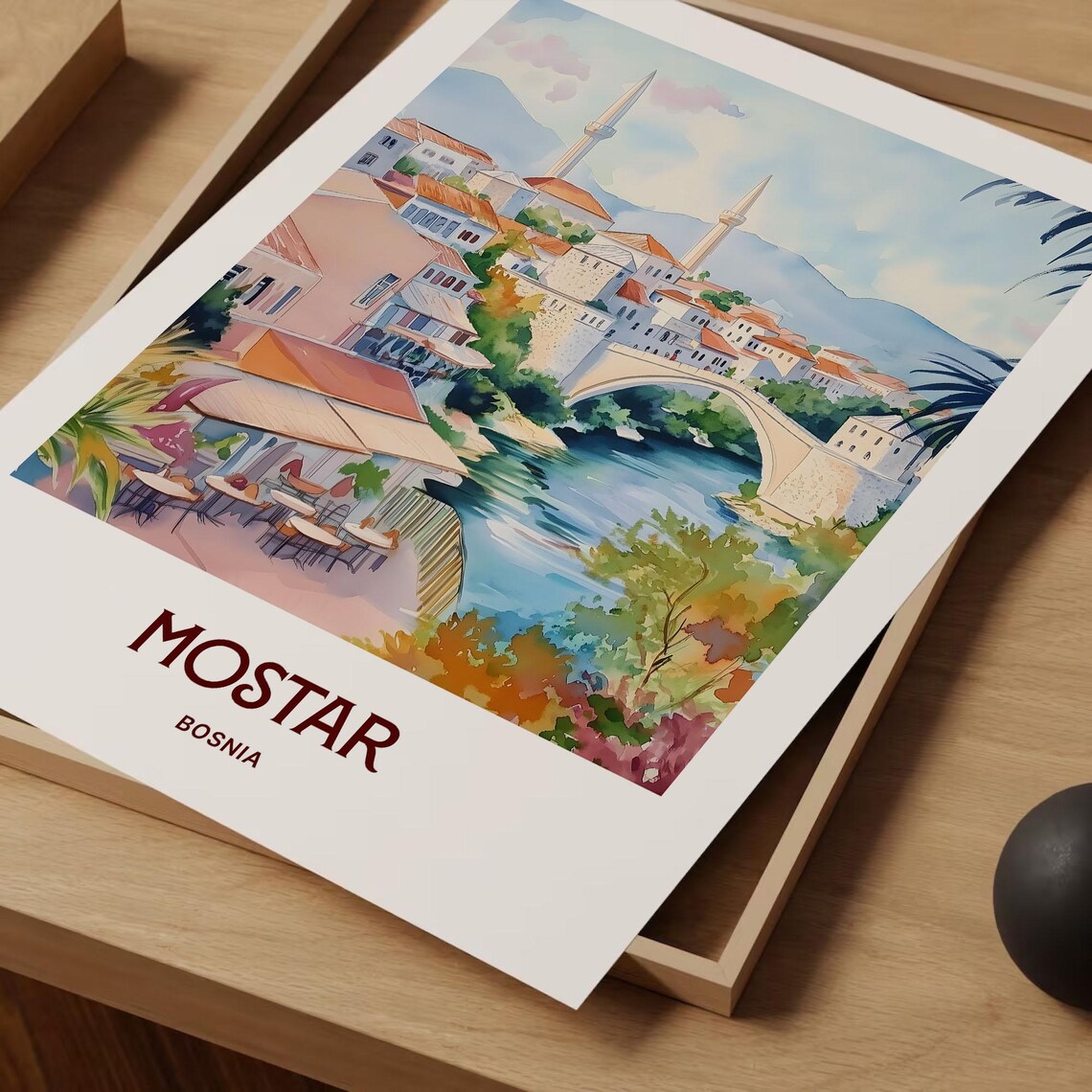 Mostar Bosnia Stari Most Bridge River Watercolor Travel Poster - Image 2